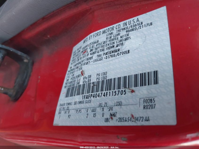 2004 Ford Mustang VIN: 1FAFP40474F115705 Lot: 43313313