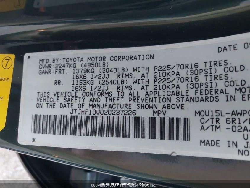 2002 Lexus Rx 300 VIN: JTJHF10U020237226 Lot: 43313320