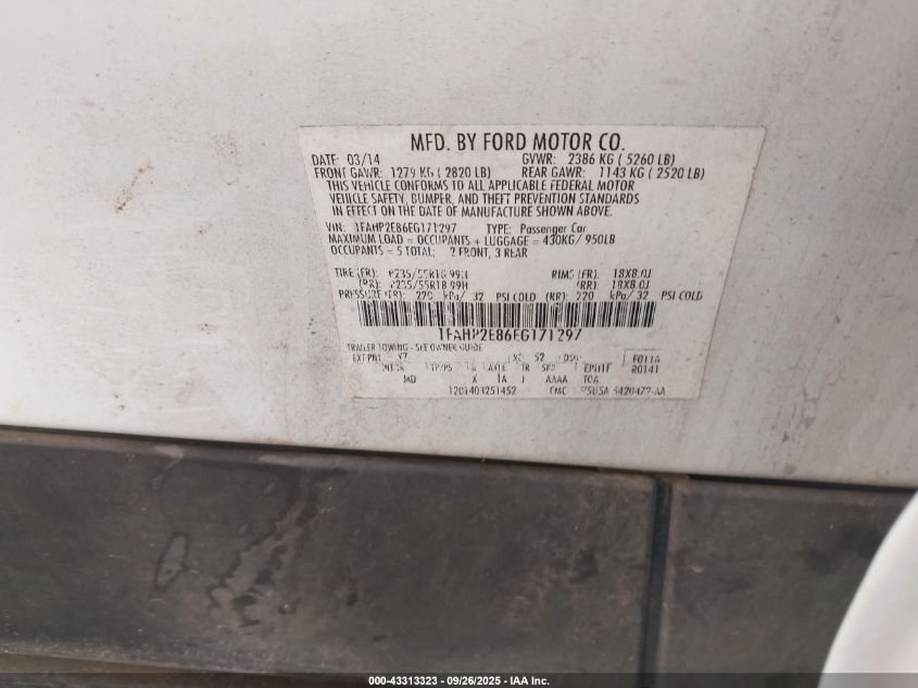 2014 Ford Taurus Sel VIN: 1FAHP2E86EG171297 Lot: 43313323