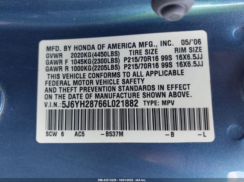 2006 Honda Element Ex-P VIN: 5J6YH28766L021882 Lot: 43313329