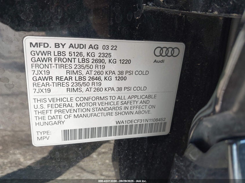 2022 AUDI Q3 PREMIUM 45 TFSI S LINE QUATTRO TIPTRONIC WA1DECF31N1108452