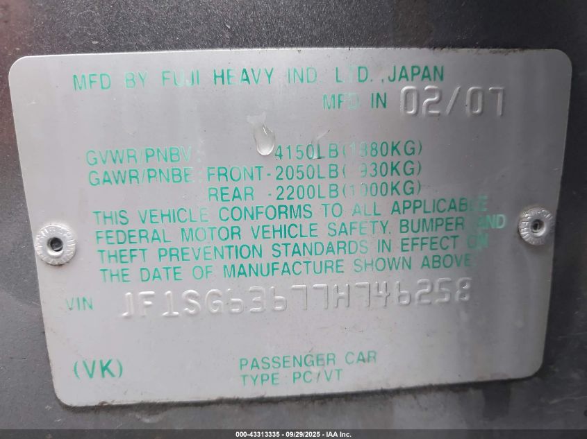 2007 Subaru Forester 2.5X VIN: JF1SG63677H746258 Lot: 43313335