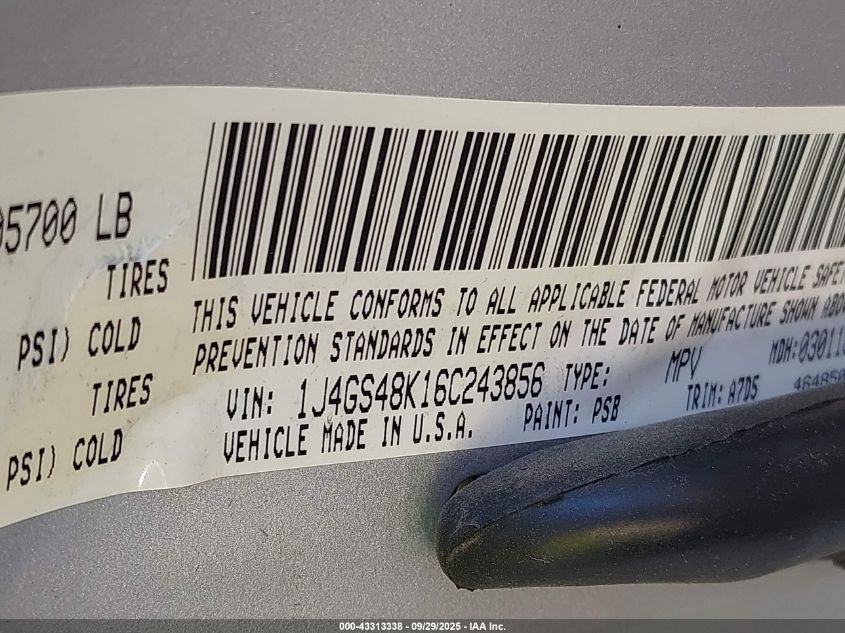 2006 Jeep Grand Cherokee Laredo VIN: 1J4GS48K16C243856 Lot: 43313338