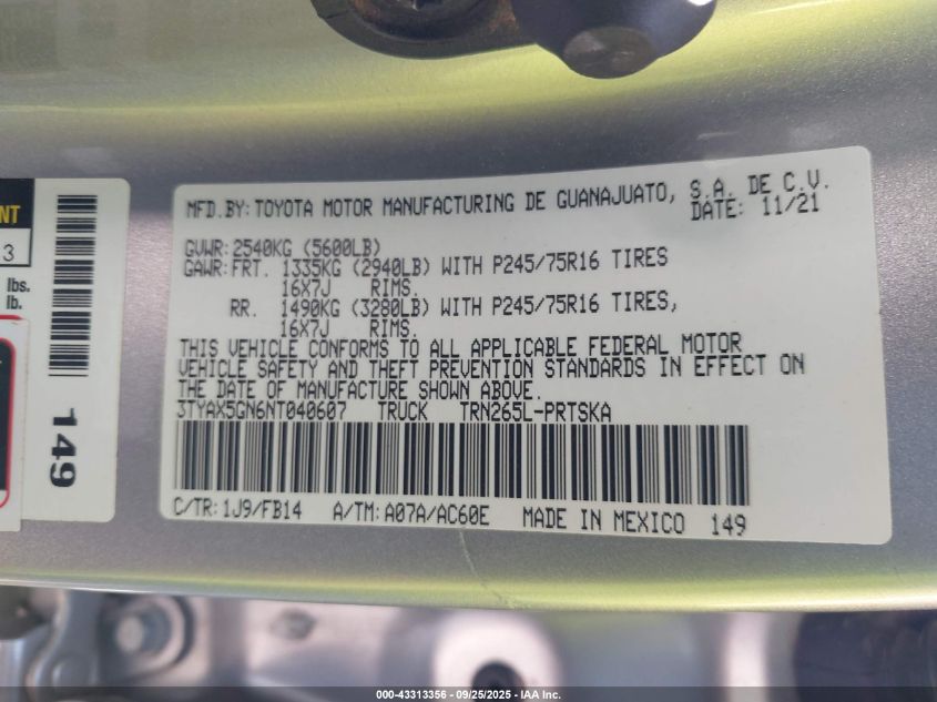2022 Toyota Tacoma Sr VIN: 3TYAX5GN6NT040607 Lot: 43313356