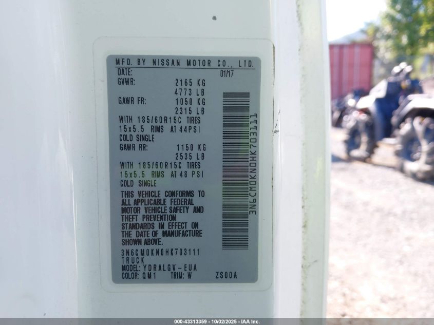 2017 Nissan Nv200 Sv VIN: 3N6CM0KN0HK703111 Lot: 43313359