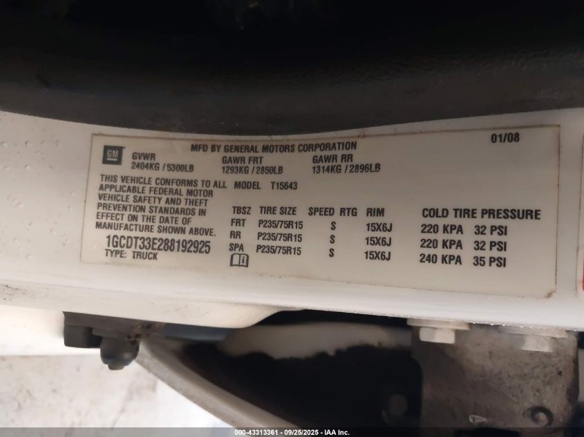 2008 Chevrolet Colorado Lt VIN: 1GCDT33E288192925 Lot: 43313361