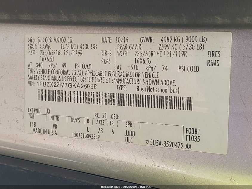 2016 FORD TRANSIT-350 XL - 1FBZX2ZM7GKA26098