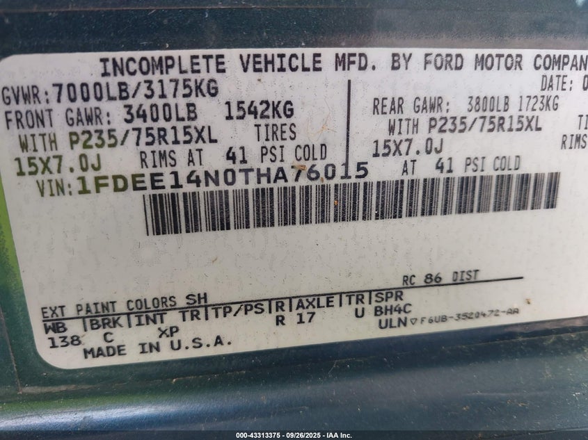 1996 Ford Econoline E150 Van VIN: 1FDEE14N0THA76015 Lot: 43313375