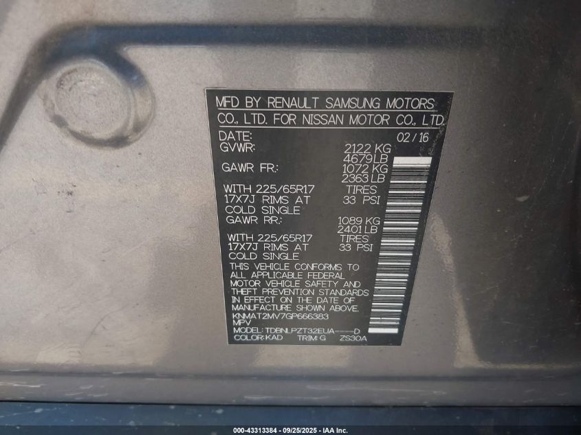 2016 Nissan Rogue S/Sl/Sv VIN: KNMAT2MV7GP666383 Lot: 43313384