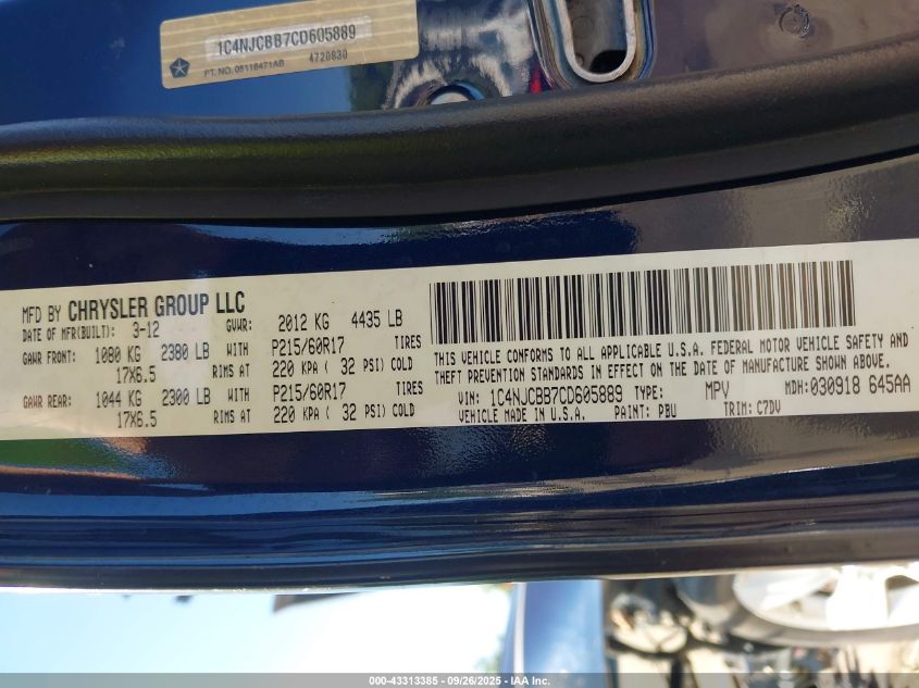 2012 Jeep Compass Sport VIN: 1C4NJCBB7CD605889 Lot: 43313385