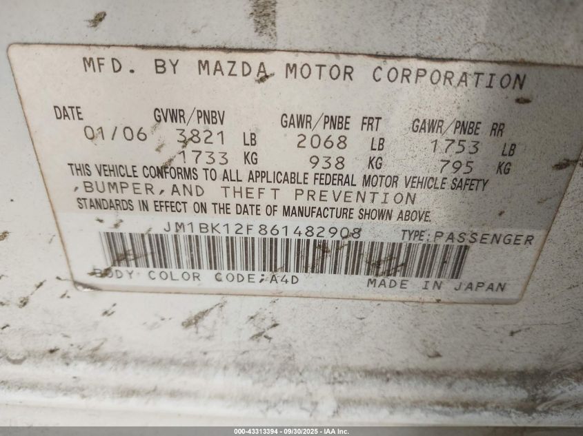 2006 Mazda Mazda3 I VIN: JM1BK12F861482908 Lot: 43313394