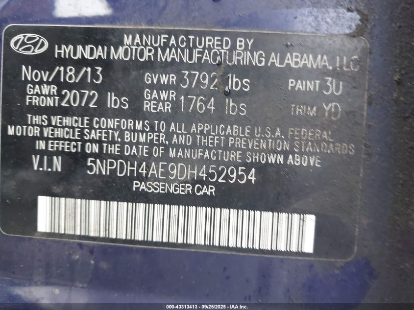 2013 Hyundai Elantra Gls VIN: 5NPDH4AE9DH452954 Lot: 43313413