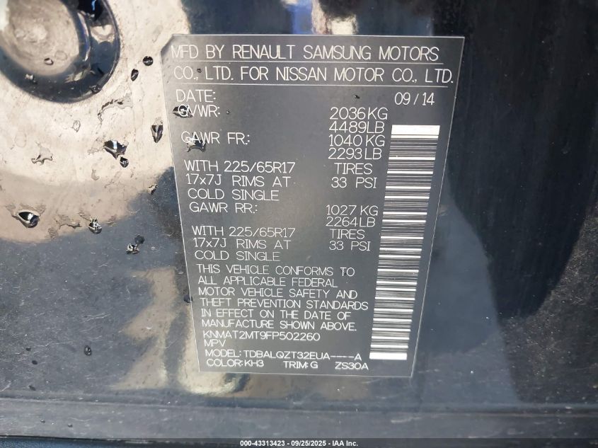 2015 Nissan Rogue Sv VIN: KNMAT2MT9FP502260 Lot: 43313423