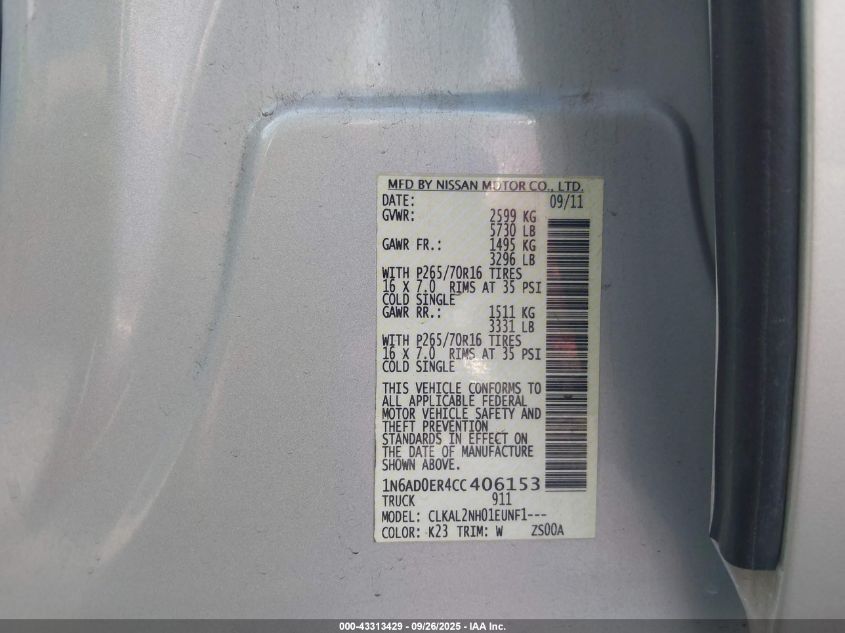 2012 Nissan Frontier Sv VIN: 1N6AD0ER4CC406153 Lot: 43313429