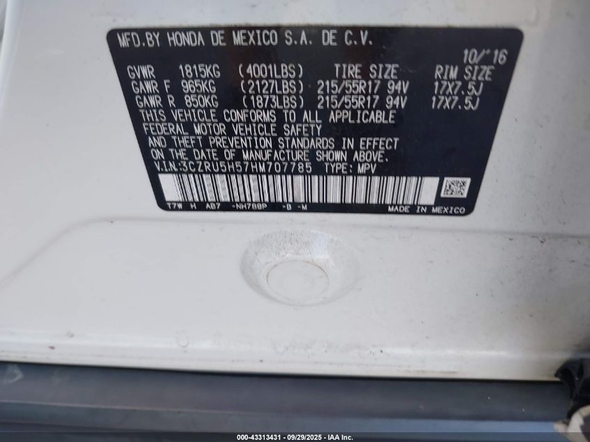 2017 Honda Hr-V Ex VIN: 3CZRU5H57HM707785 Lot: 43313431