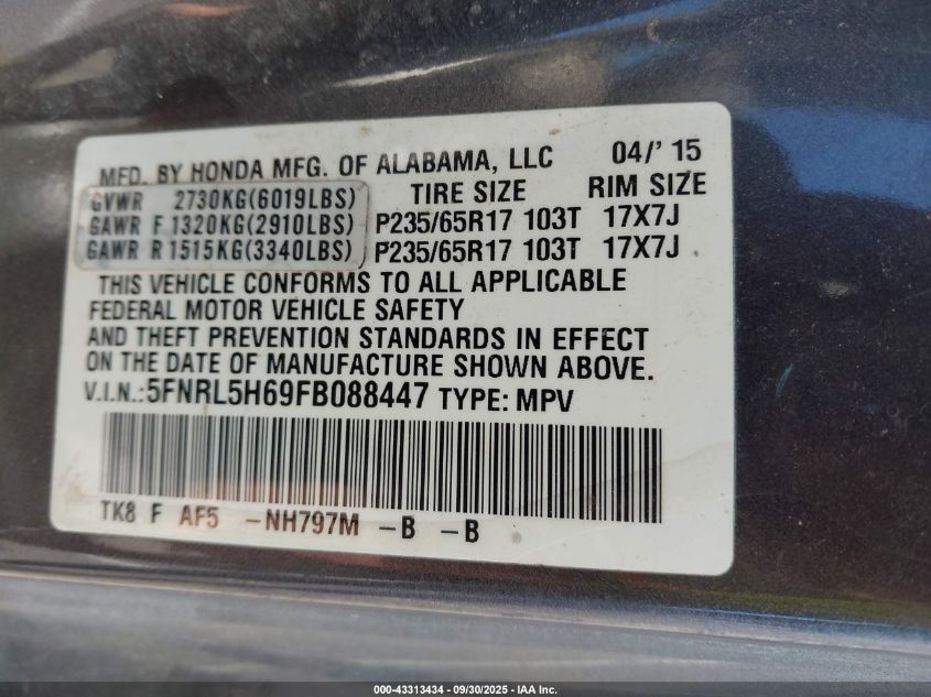 2015 Honda Odyssey Ex-L VIN: 5FNRL5H69FB088447 Lot: 43313434