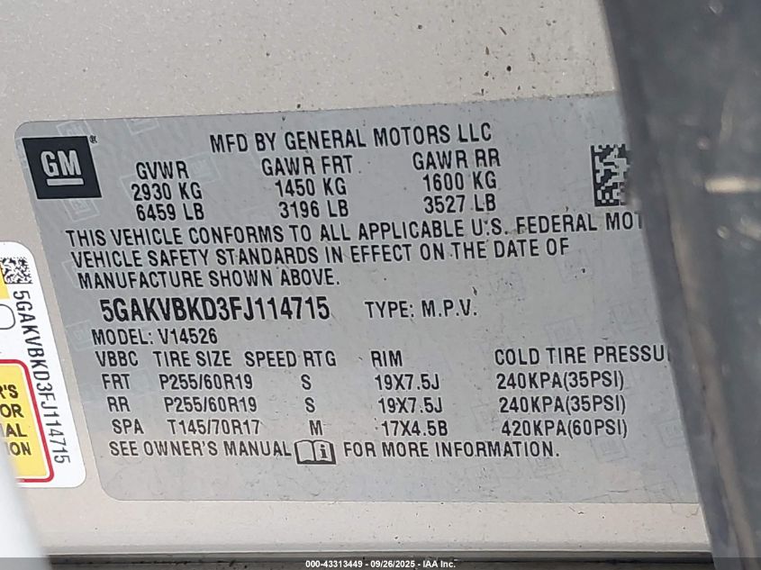 2015 Buick Enclave Leather VIN: 5GAKVBKD3FJ114715 Lot: 43313449