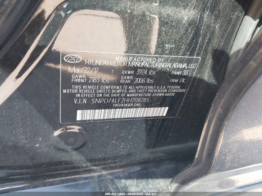 2017 Hyundai Elantra Se VIN: 5NPD74LF2HH208285 Lot: 43313456