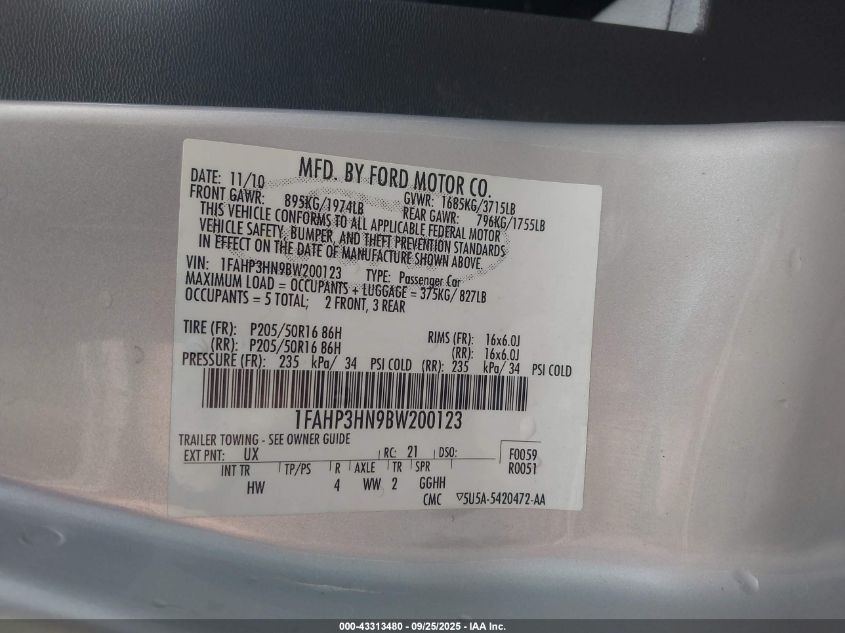 2011 Ford Focus Sel VIN: 1FAHP3HN9BW200123 Lot: 43313480