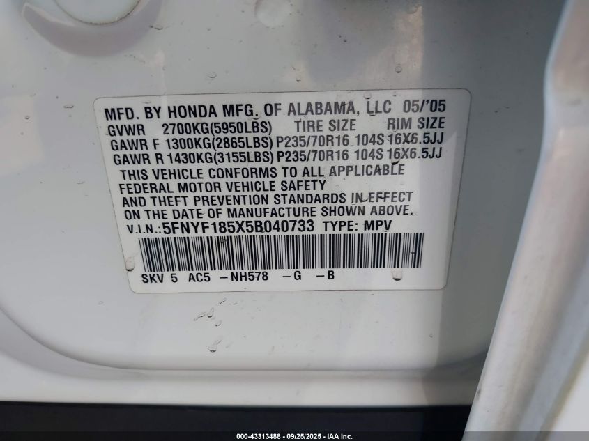 2005 Honda Pilot Ex-L VIN: 5FNYF185X5B040733 Lot: 43313488