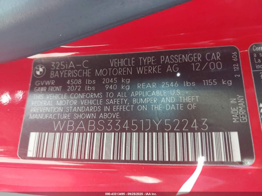 2001 BMW 325Ci VIN: WBABS33451JY52243 Lot: 43313495
