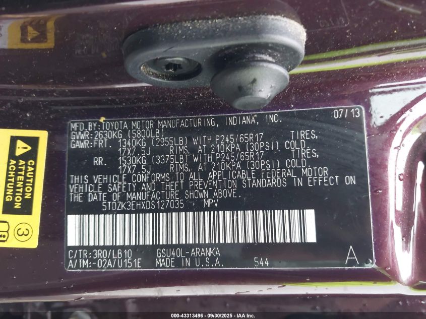 2013 Toyota Highlander Se V6 VIN: 5TDZK3EHXDS127035 Lot: 43313496