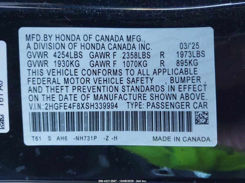 2025 Honda Civic Hybrid Sport/Sport Touring VIN: 2HGFE4F8XSH339994 Lot: 43313507