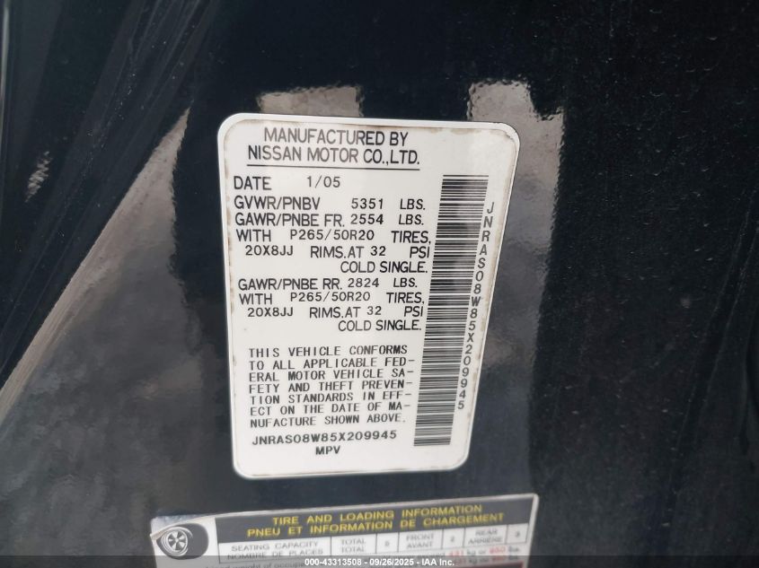 2005 Infiniti Fx35 VIN: JNRAS08W85X209945 Lot: 43313508