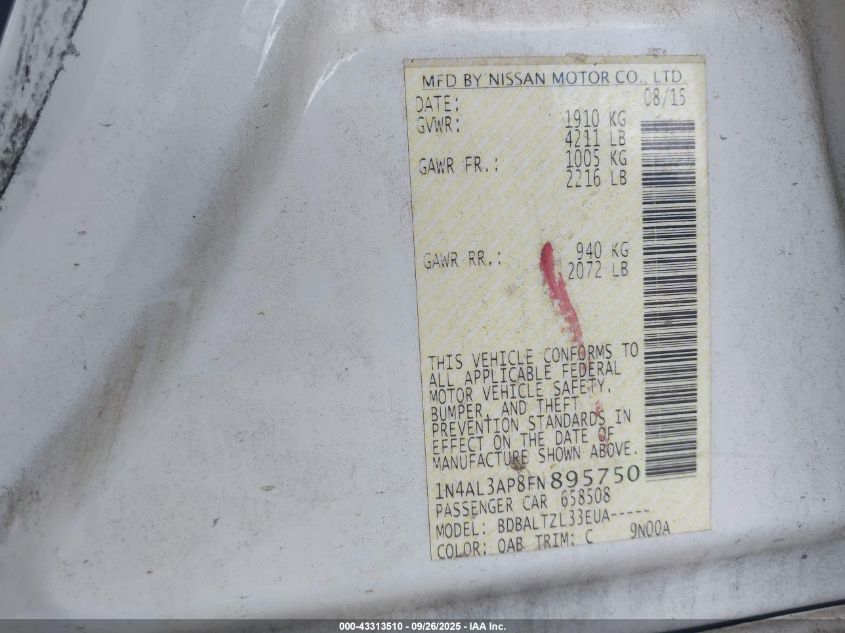 2015 Nissan Altima 2.5/2.5 S/2.5 Sl/2.5 Sv VIN: 1N4AL3AP8FN895750 Lot: 43313510