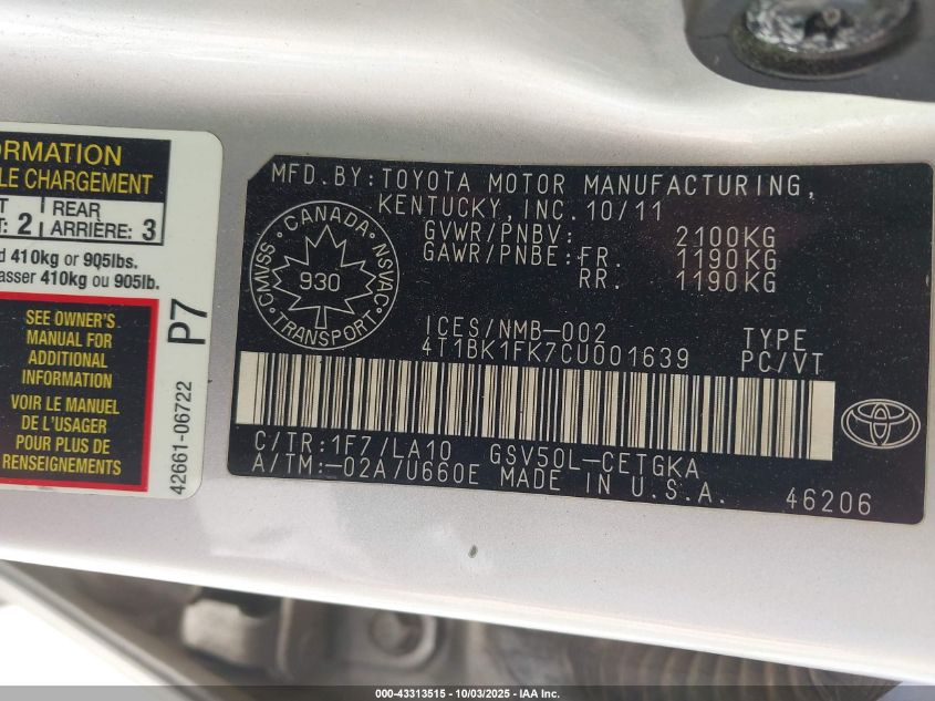 2012 Toyota Camry Xle V6 VIN: 4T1BK1FK7CU001639 Lot: 43313515