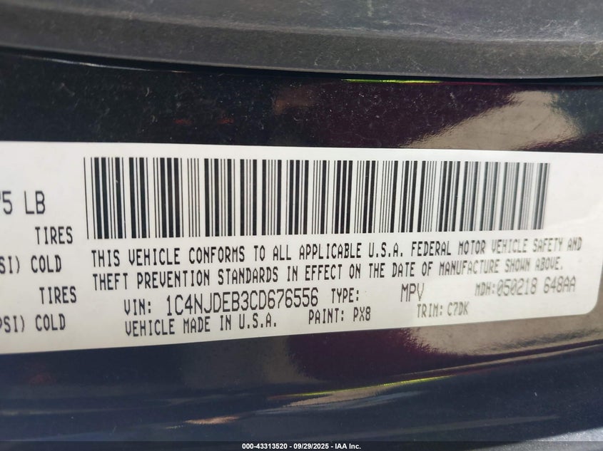 2012 Jeep Compass Latitude VIN: 1C4NJDEB3CD676556 Lot: 43313520