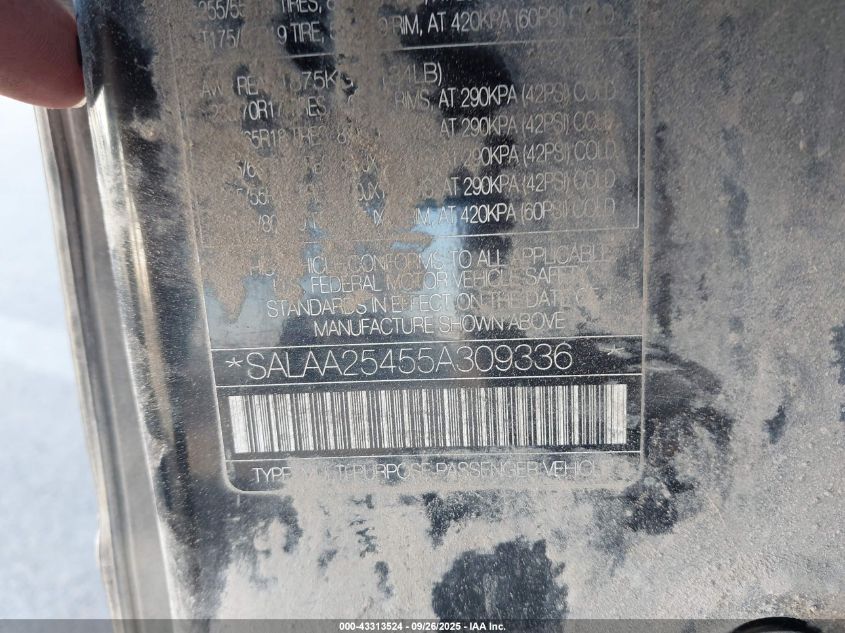 2005 Land Rover Lr3 Se VIN: SALAA25455A309336 Lot: 43313524