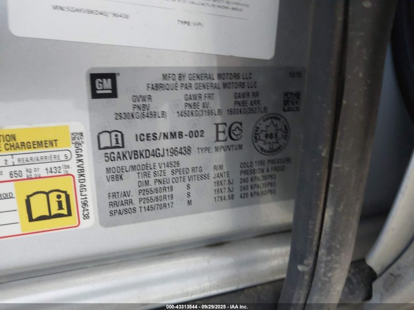 2016 Buick Enclave Leather VIN: 5GAKVBKD4GJ196438 Lot: 43313544