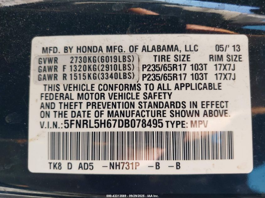 2013 Honda Odyssey Ex-L VIN: 5FNRL5H67DB078495 Lot: 43313569