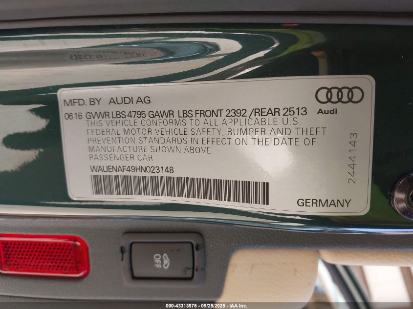 2017 Audi A4 2.0T Premium VIN: WAUENAF49HN023148 Lot: 43313576