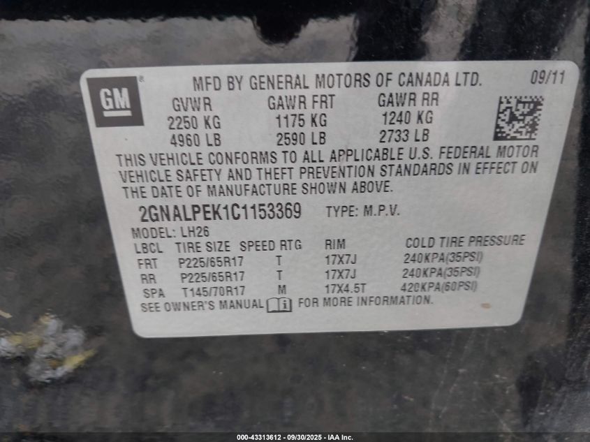 2012 Chevrolet Equinox 2Lt VIN: 2GNALPEK1C1153369 Lot: 43313612