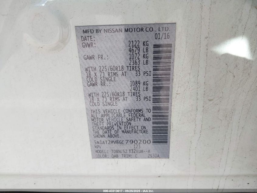 2016 Nissan Rogue Sl VIN: 5N1AT2MV8GC790200 Lot: 43313617