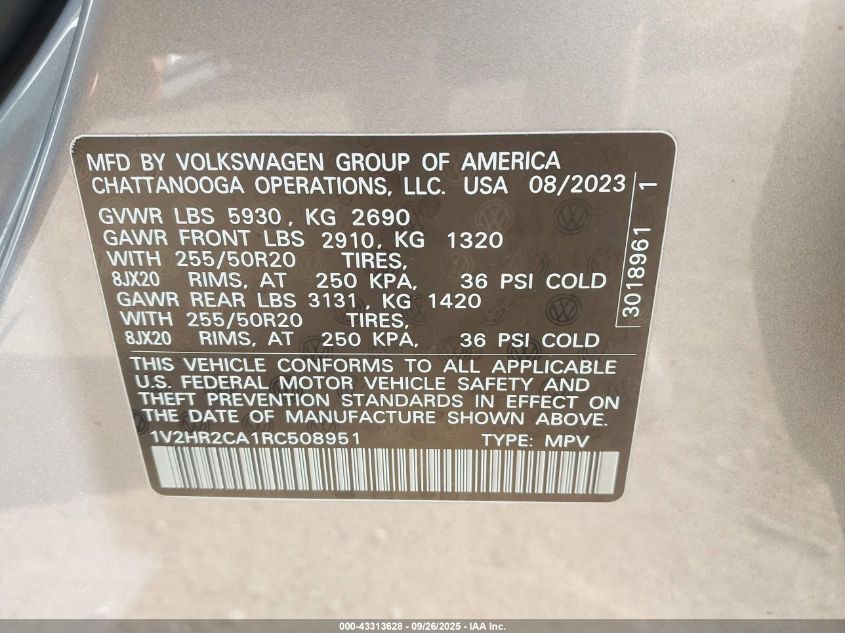 2024 Volkswagen Atlas 2.0T Se W/Technology VIN: 1V2HR2CA1RC508951 Lot: 43313628