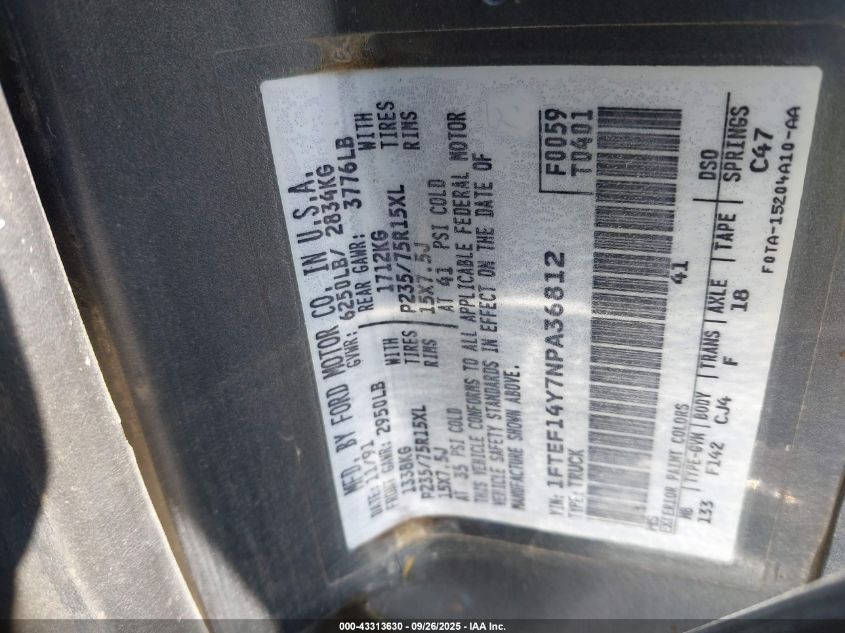 1992 Ford F150 VIN: 1FTEF14Y7NPA36812 Lot: 43313630