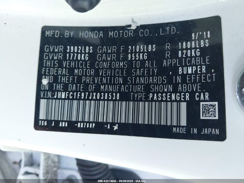2018 Honda Civic Touring VIN: JHMFC1F97JX038538 Lot: 43313640