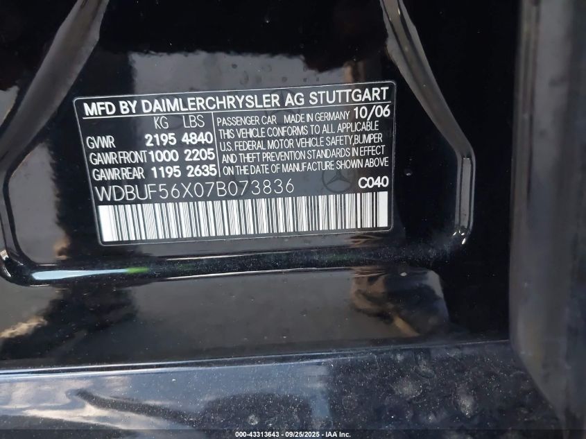 2007 Mercedes-Benz E 350 VIN: WDBUF56X07B073836 Lot: 43313643