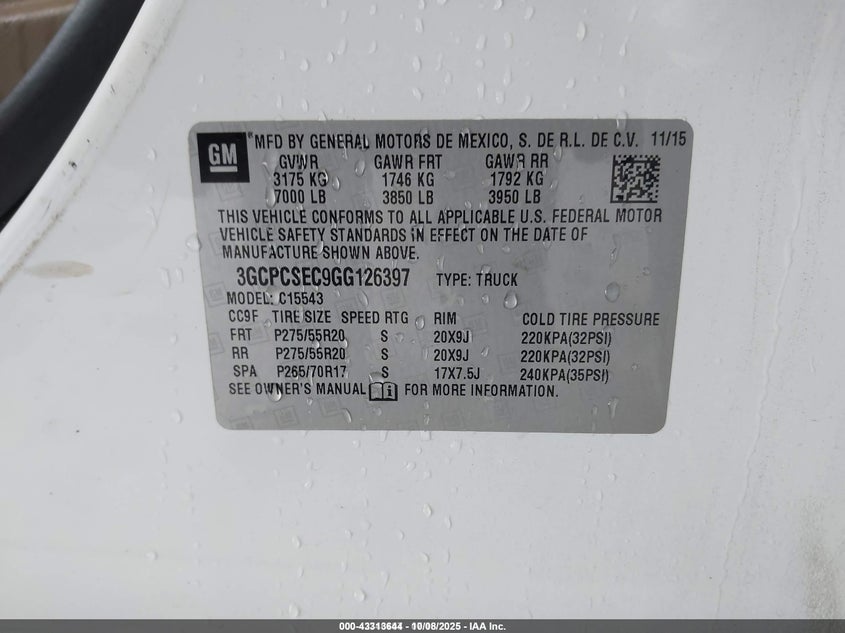 2016 Chevrolet Silverado 1500 1Lz VIN: 3GCPCSEC9GG126397 Lot: 43313644
