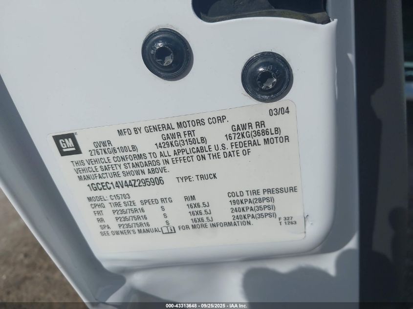 2004 Chevrolet Silverado 1500 VIN: 1GCEC14V44Z295906 Lot: 43313648