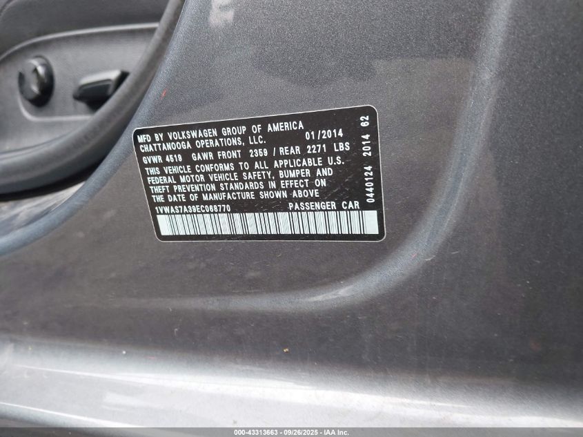 2014 Volkswagen Passat 1.8T Wolfsburg Edition VIN: 1VWAS7A39EC068770 Lot: 43313663