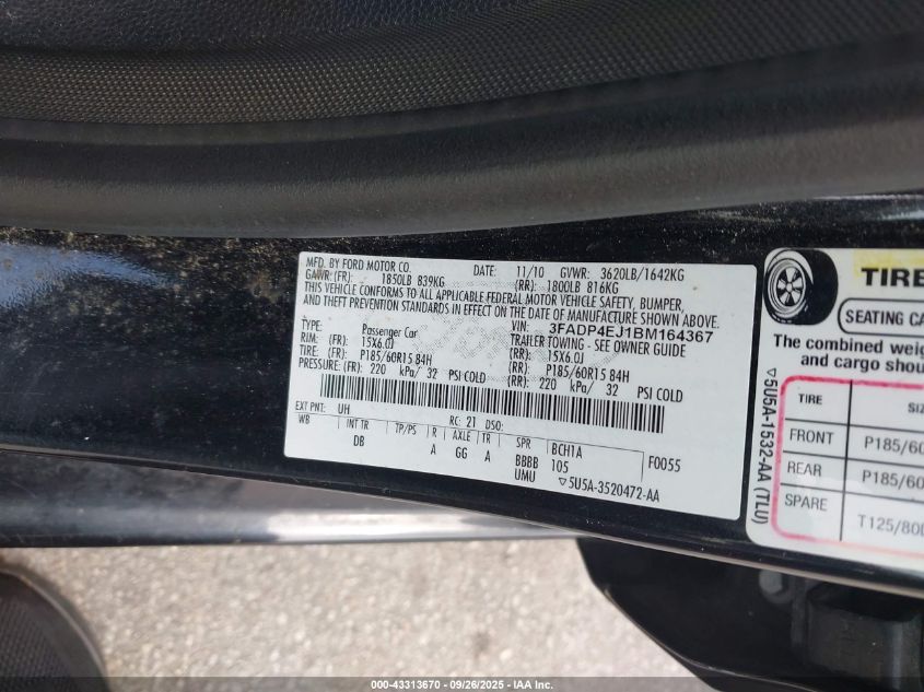 2011 Ford Fiesta Se VIN: 3FADP4EJ1BM164367 Lot: 43313670