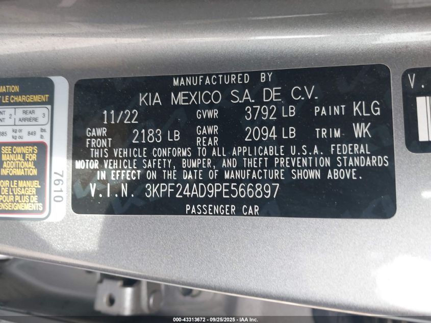 2023 Kia Forte Lxs VIN: 3KPF24AD9PE566897 Lot: 43313672