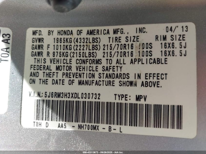 2013 Honda Cr-V Lx VIN: 5J6RM3H3XDL030732 Lot: 43313673