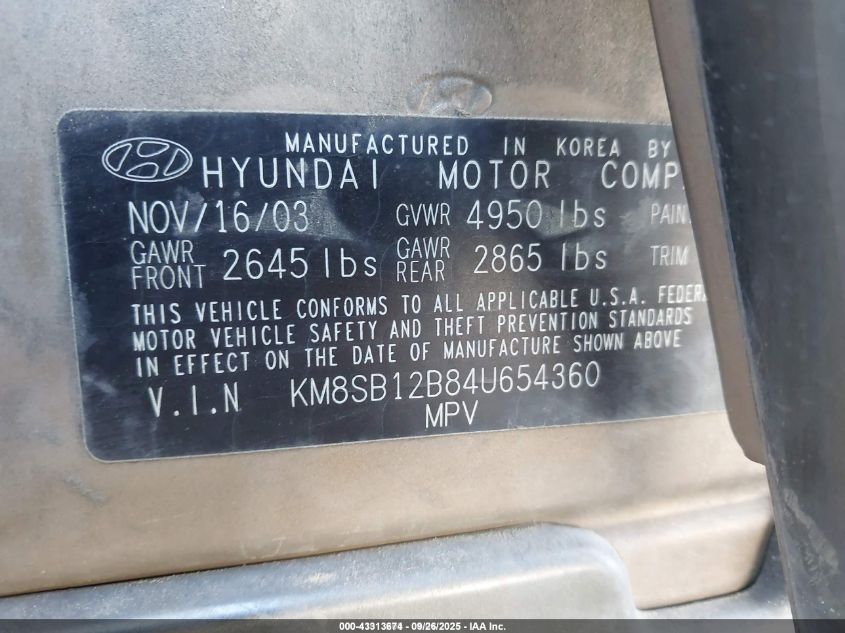 2004 Hyundai Santa Fe VIN: KM8SB12B84U654360 Lot: 43313674