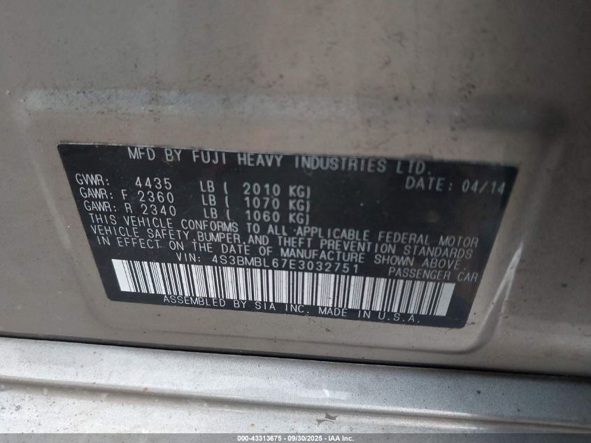 2014 Subaru Legacy 2.5I Limited VIN: 4S3BMBL67E3032751 Lot: 43313675