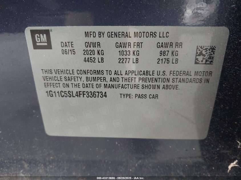 2015 Chevrolet Malibu 1Lt VIN: 1G11C5SL4FF336734 Lot: 43313686